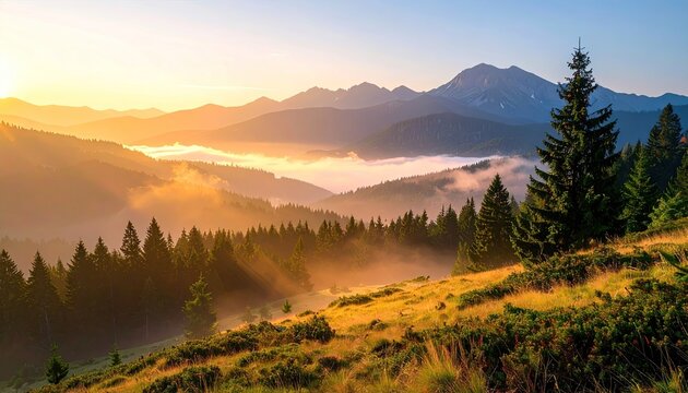 Golden Sunrise Illuminates Misty Mountain Valley with Evergreen Forest Foreground in a Serene Landscape
