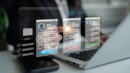 Digital interface displaying project tasks under Work Items, Processing, and Completed categories with Gantt chart timeline visualization Parse