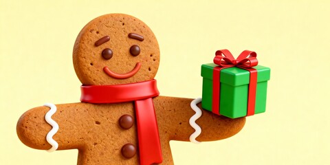 3D gingerbread cookie character with red ribbon scarf holding green present on pale yellow background