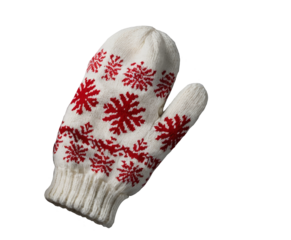 Knitted white mitten with red snowflake pattern png isolated on transparent background