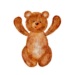 Watercolor cute teddy bear raising arms in a happy gesture isolated on white background, vector illustration.