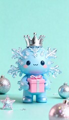 3D snowflake mascot with silver crown holding pink gift on soft mint background winter minimal scene