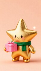 3D Christmas star mascot in shiny gold holding pink gift with green scarf on soft peach background