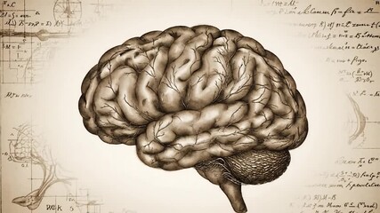 Sepia-toned illustration of a human brain with a background of scientific diagrams and equations - Powered by Adobe