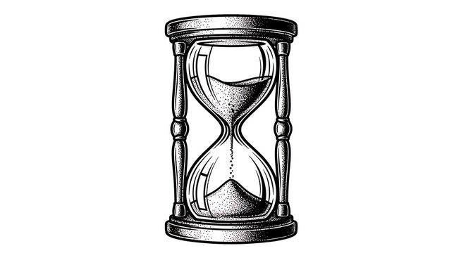 Vintage black and white illustration of an hourglass with falling sand, symbolizing the relentless passage