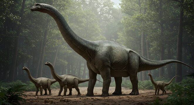 A large Diplodocus with three smaller brachiosauruses in a dense green forest setting outdoors
