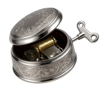 An elegant metal music box with a wind-up key, perfect for a home office desk.