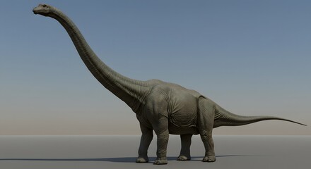 Obraz premium A gray sauropod dinosaur Diplodocus with a long neck and tail stands against a light blue sky background outside