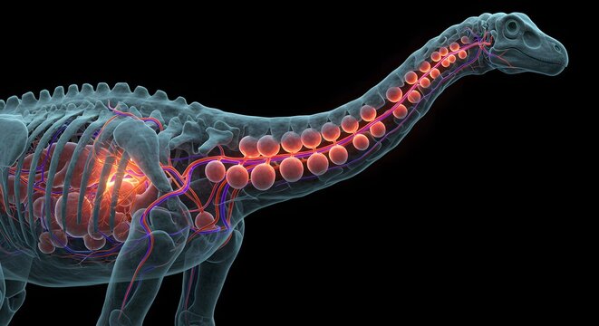 A dinosaur Diplodocus anatomy showing the skeletal structure with red spheres along the neck on black background