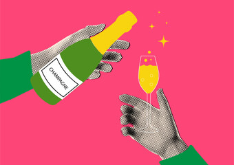 Halftone trendy collage hand holding champagne and hand holding glass of champagne,celebration concept