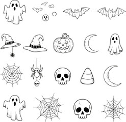 Isolated a kinds of deferent Halloween minimal sketch doodle Simple, elegant and stylish collection of modern hand drawn illustrations, logos, design vector art with white background..