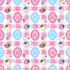 Seamless pattern of strawberries and ribbons in frame on checkered background. Cute cartoon hand-drawn vector illustration. For textile printing, clothing, wallpaper, and wrapping paper.