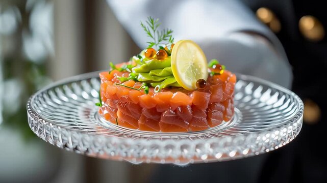 Waiter in white gloves serving gourmet salmon tartare topped with avocado cream, lemon, and herbs on a crystal plate in an elegant restaurant, symbolizing luxury dining and fine cuisine