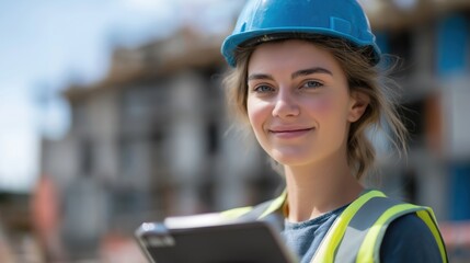 Construction engineer wearing safety helmet on building site with tools and workers showcasing industry development teamwork and architectural progress