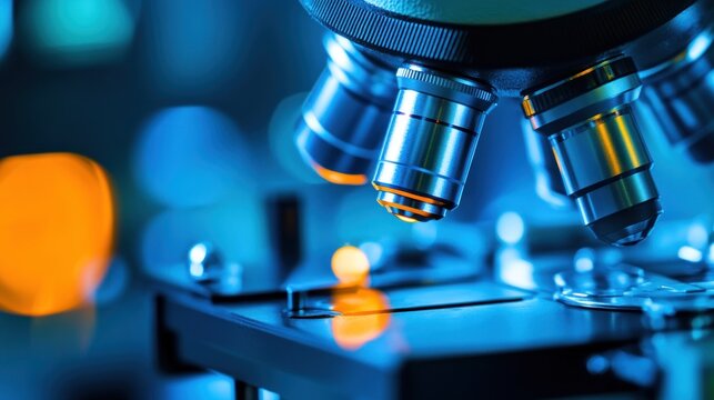 Close-up on a microscope with metallic objectives and bright blurred background - Powered by Adobe