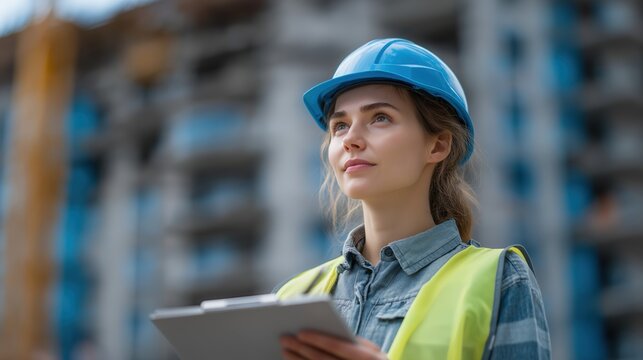 Professional construction engineer inspecting building site with safety gear helmet tools teamwork progress urban development infrastructure industry management outdoor work