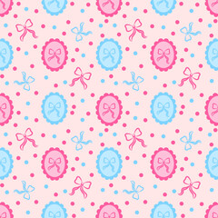 Seamless pattern of ribbons in frame and dots on pink background. Cute cartoon hand-drawn vector illustration. For textile printing, clothing, wallpaper, and wrapping paper.