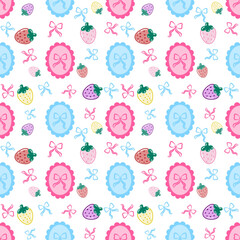 Seamless pattern of strawberries and ribbons in frame on white background. Cute cartoon hand-drawn vector illustration. For textile printing, clothing, wallpaper, and wrapping paper.