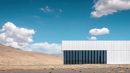 Modern white building exterior against bright blue sky, arid landscape backdrop