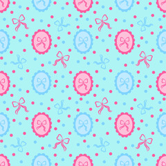 Seamless pattern of ribbons in frame and dots on aqua background. Cute cartoon hand-drawn vector illustration. For textile printing, clothing, wallpaper, and wrapping paper.