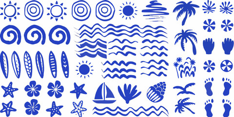 Collection of blue hand drawn summer beach elements and tropical icons on white background © SreemotiRaba