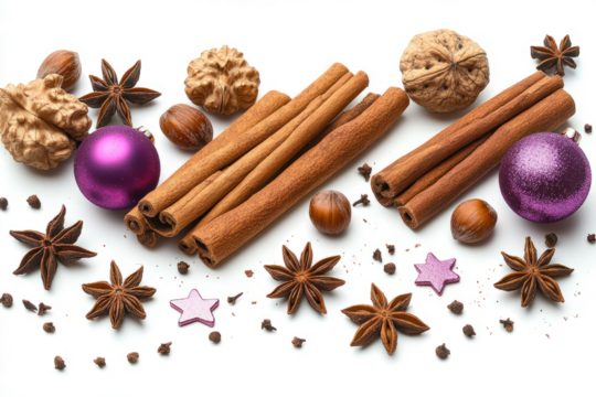 spectral cinnamon sticks, rose gold and purple christmas ornaments, walnuts and anise stars on a transparent  background,  - Powered by Adobe