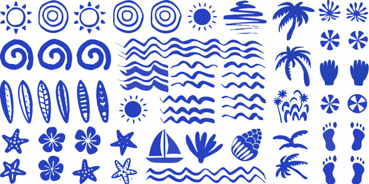 Collection of blue hand drawn summer beach elements and tropical icons on white background