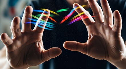 Hands with colorful energy beams, a display of magic and power.