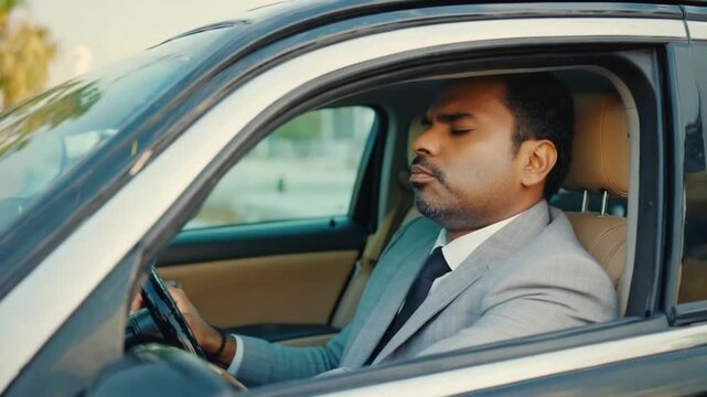 Businessman yawning in car: fatigue and drowsiness during commute