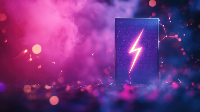 Vivid neon lightning bolt on a rectangular object, surrounded by particles and smoke
