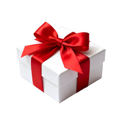 Obraz premium Elegant white gift box wrapped with red satin ribbon and bow, isolated on white background, PNG format. Ideal for celebration, holidays, packaging, festive occasions, birthdays, and commercial mockup.
