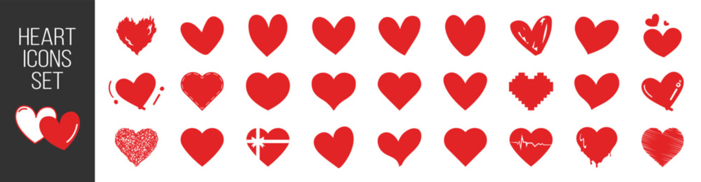 Hand drawn heart icons set, love and romance doodles vector design on transparent background