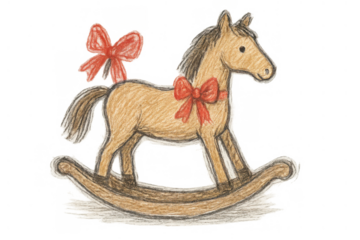 Rocking horse drawing with red bows, a christmas vintage toy, representing childhood memories and holiday gifts