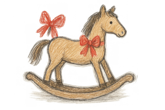 Rocking horse drawing with red bows, a christmas vintage toy, representing childhood memories and holiday gifts