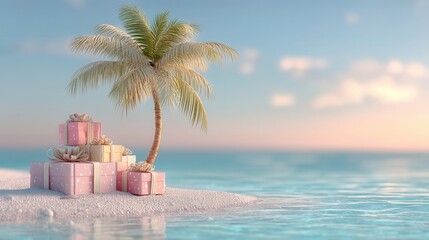 Obraz premium christmas vacation on the beach concept. Tropical scene with gifts and a palm tree by the water.