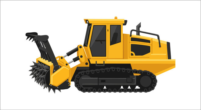 Industrial yellow tracked trencher machine for ground excavation.