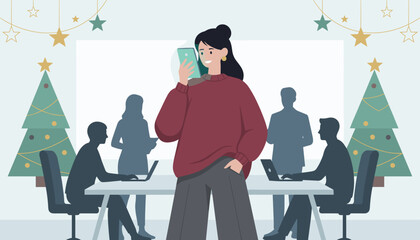 Happy woman checks her phone in a decorated office blending work and holiday celebration