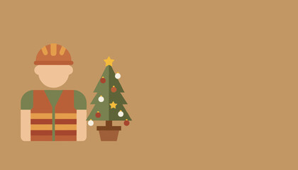 Flat illustration of a worker icon and a decorated Christmas tree symbolizing business holidays or industry greetings