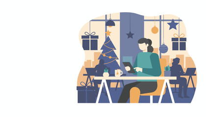 Worker uses tablet in Christmas office Holiday season business productivity illustration
