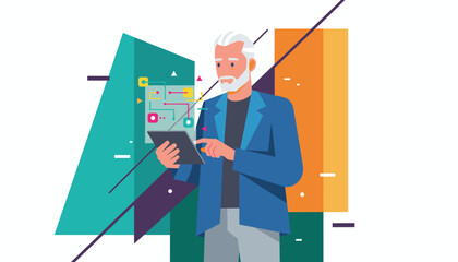 Elderly man analyzing tech data flow on a tablet computer Modern business illustration