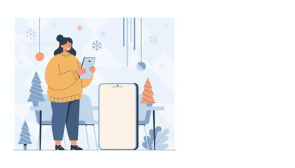 Woman uses tablet near large blank smartphone mockup screen for winter holiday advertising or apps
