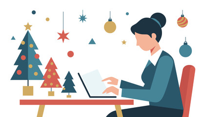 Woman working on laptop amid festive Christmas decorations managing holiday business tasks