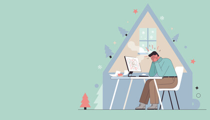 Man experiencing work burnout and stress at home during the winter season