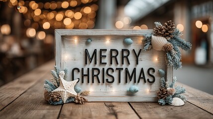 christmas vacation on the beach concept. Festive "Merry Christmas" sign surrounded by decorative elements.