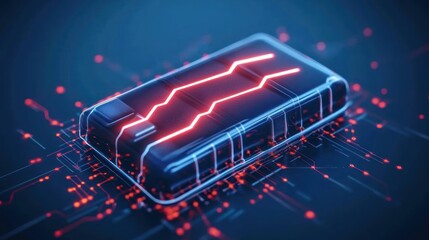 Illuminated chip on circuit board with bright red lines highlighting it