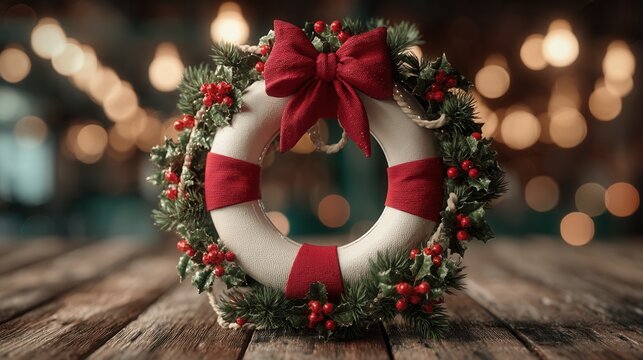 christmas vacation on the beach concept. Festive wreath adorned with red ribbon and holly on a wooden surface. - Powered by Adobe