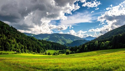 Obraz premium Lush Green Mountain Valley Under Dramatic Cloudy Sky With Sunlit Meadow In Foreground And Dense Forest On Slopes