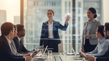 Dynamic business presentation with advanced holographic data visualization in a modern corporate - Powered by Adobe