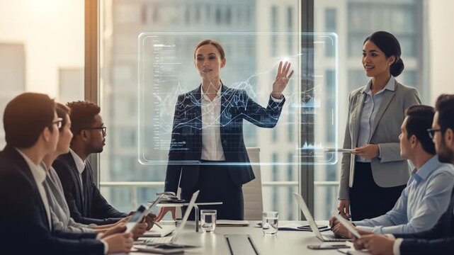 Dynamic business presentation with advanced holographic data visualization in a modern corporate - Powered by Adobe