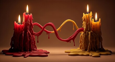 Interconnected candles with melted wax abstract art